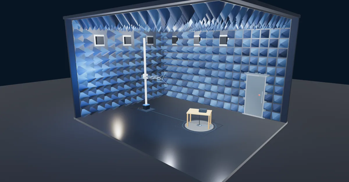 Interactive 3D model of a TESTUPS turn-key semi-anechoic EMC chamber — RF absorbers, ground plane, EUT turntable and BiLog antenna